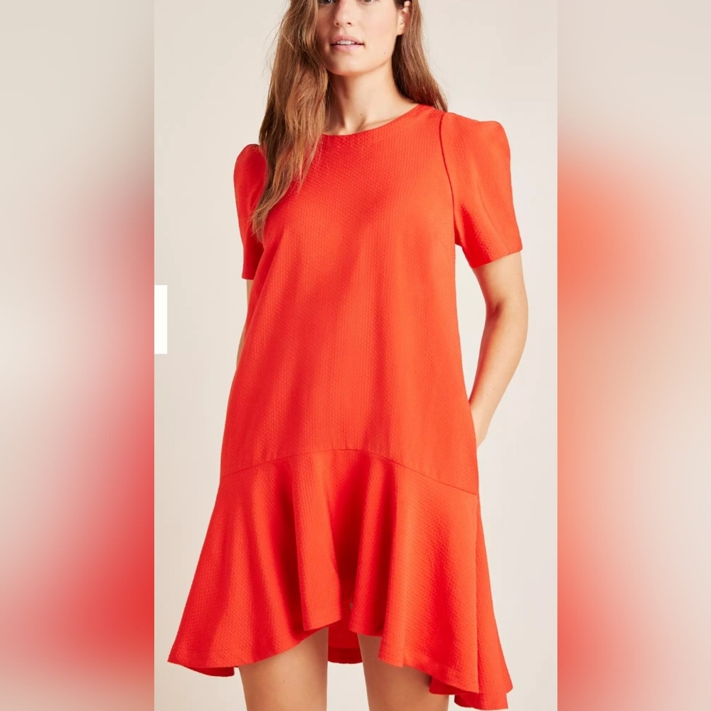 NWT Maeve‎ Anthro Rousseau Flounced Bottom Rouche Bloody Orange Dress Sz 10